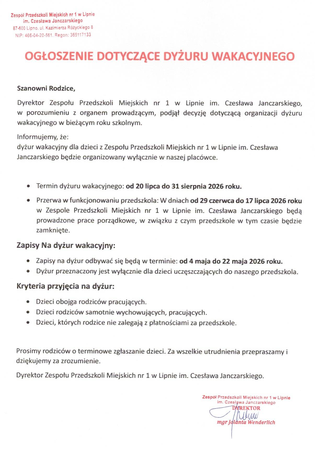 Ogłoszenie dotyczące dyżuru wakacyjnego