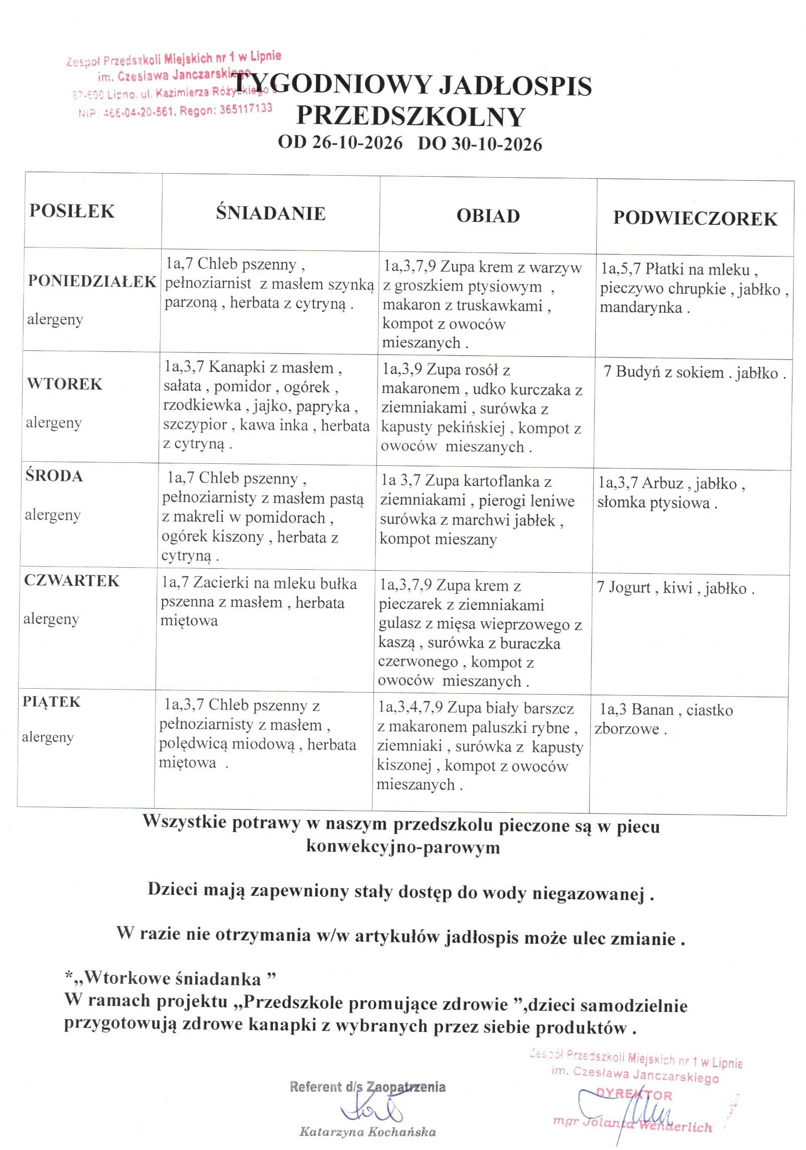 Jadłospis 26.10.2026 - 30.10.2026